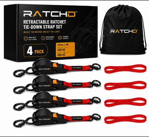 RATCHD 25mm x 3m T-Handle™ Retractable Ratchet Straps with Soft Loops-4 Pack(Red Limited Edition) Sale