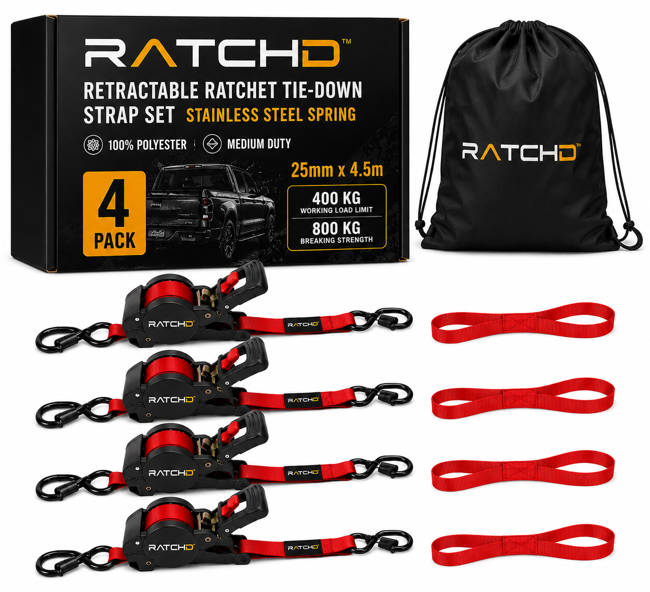 RATCHD 25mm x 4.5m Retractable Ratchet Straps with Soft Loops – 4 Pack (Red Limited Edition)