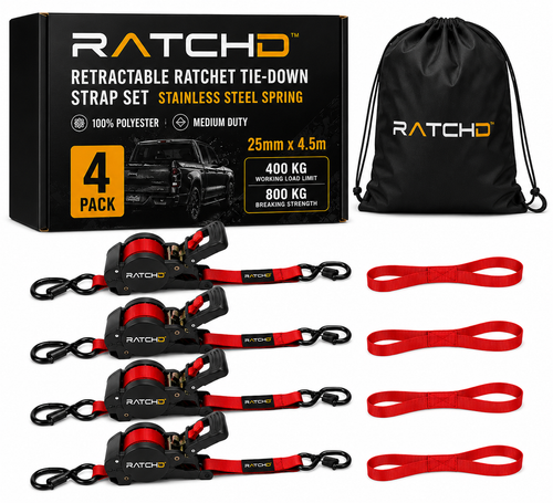 RATCHD 25mm x 4.5m Retractable Ratchet Straps with Soft Loops – 4 Pack (Red Limited Edition)