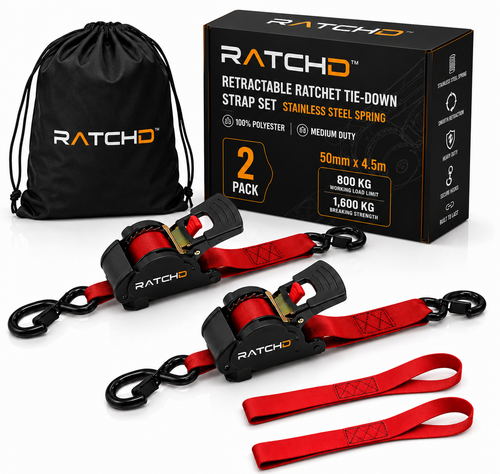 RATCHD 50mm x 4.5m Heavy Duty Retractable Ratchet Straps with Soft Loops – 2 Pack (Red Limited Edition)