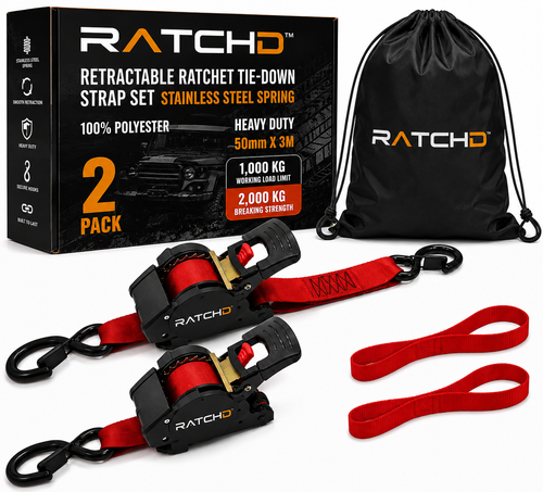 RATCHD 50mm x 3m Heavy Duty Retractable Ratchet Straps with Soft Loops – 2 Pack (Red Limited Edition)