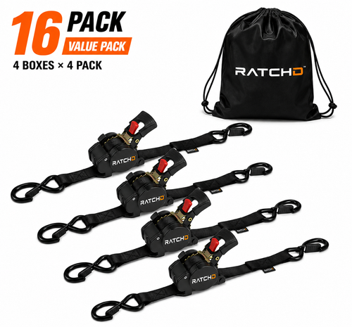 RATCHD 25mm x 3m Retractable Ratchet Straps with Soft Loops – 16 Pack Value Pack