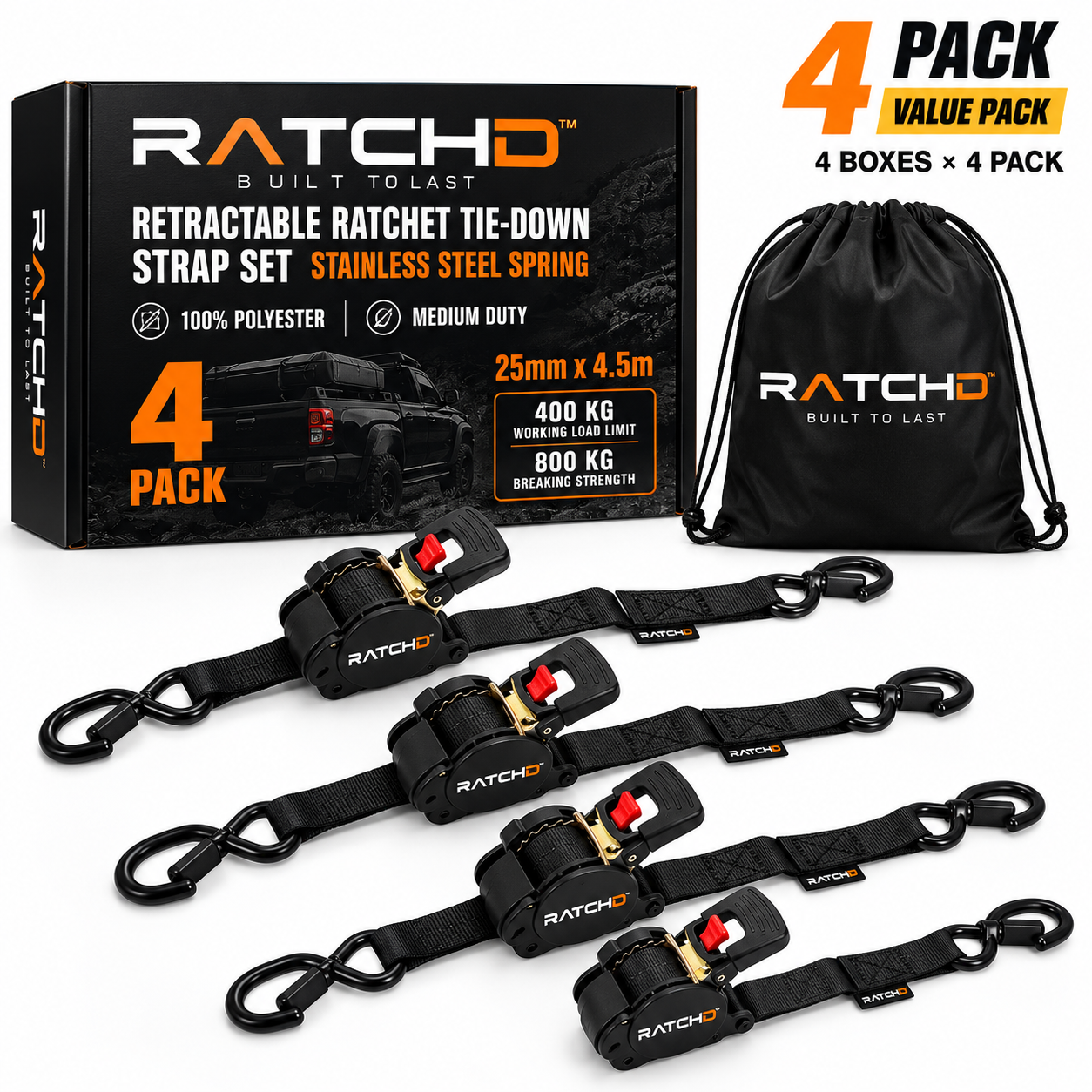 RATCHD 25mm x 4.5m Retractable Ratchet Straps with Soft Loops – 16 Pack Value Pack