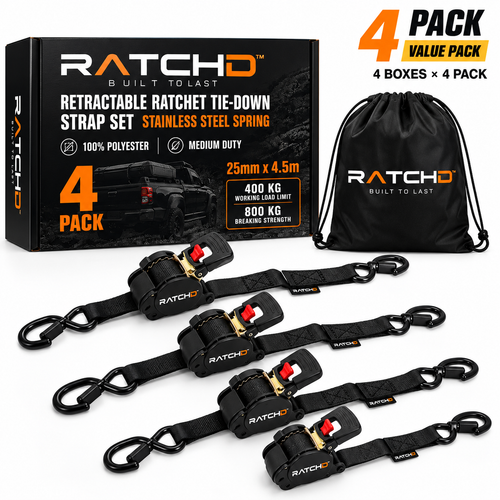RATCHD 25mm x 4.5m Retractable Ratchet Straps with Soft Loops – 16 Pack Value Pack