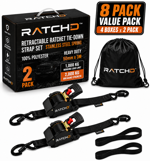 RATCHD 50mm x 3m Heavy Duty Retractable Ratchet Straps with Soft Loops – 8 Pack Value Pack