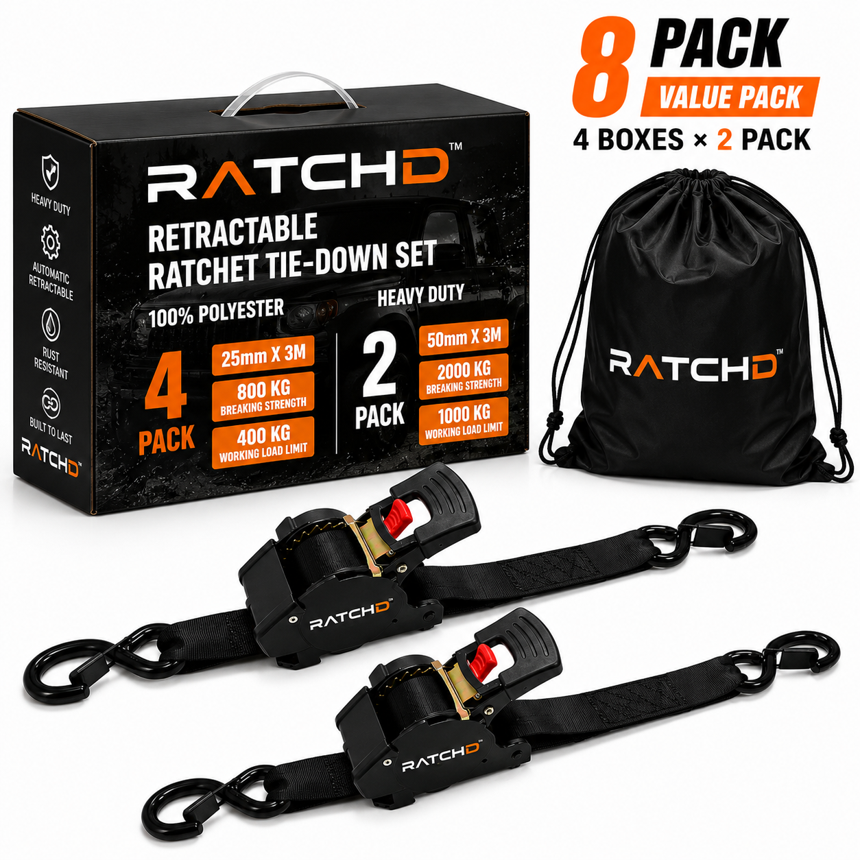 RATCHD 50mm x 4.5m Heavy Duty Retractable Ratchet Straps with Soft Loops – 8 Pack Value Pack