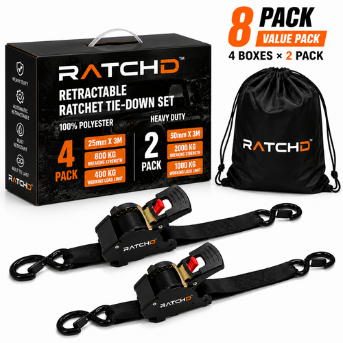 RATCHD 50mm x 4.5m Heavy Duty Retractable Ratchet Straps with Soft Loops – 8 Pack Value Pack
