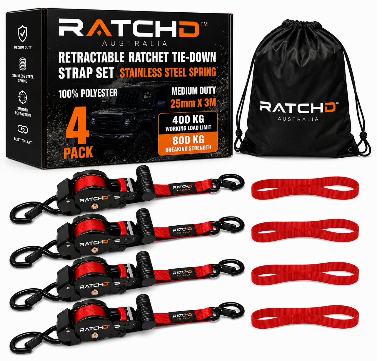 RATCHD 25mm x 3m Retractable Ratchet Straps with Soft Loops – 4 Pack (Red Limited Edition)