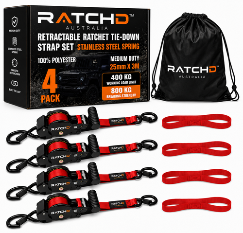 RATCHD 25mm x 3m Retractable Ratchet Straps with Soft Loops – 4 Pack (Red Limited Edition)