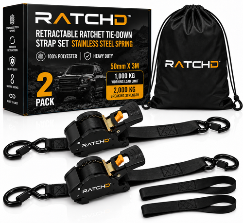 RATCHD 50mm x 3m Heavy Duty Retractable Ratchet Straps with Soft Loops – 2 Pack (Red Limited Edition)