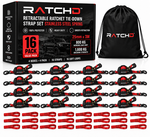 RATCHD 25mm x 3m Retractable Ratchet Straps with Soft Loops – 16 Pack Value Pack