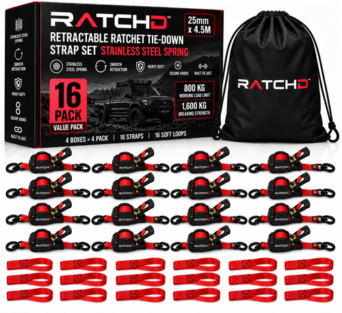 RATCHD 25mm x 4.5m Retractable Ratchet Straps with Soft Loops – 16 Pack Value Pack