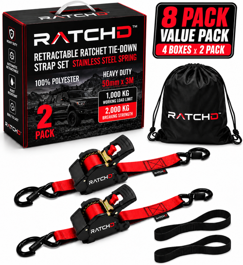 RATCHD 50mm x 3m Heavy Duty Retractable Ratchet Straps with Soft Loops – 8 Pack Value Pack