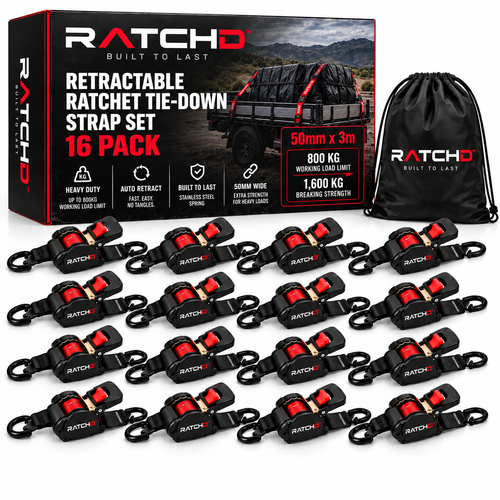 RATCHD 50mm x 3m Heavy Duty Retractable Ratchet Straps with Soft Loops – 16 Pack Value Pack