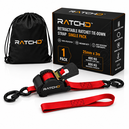 RATCHD 25mm x 3m Retractable Ratchet Strap – Single Pack
